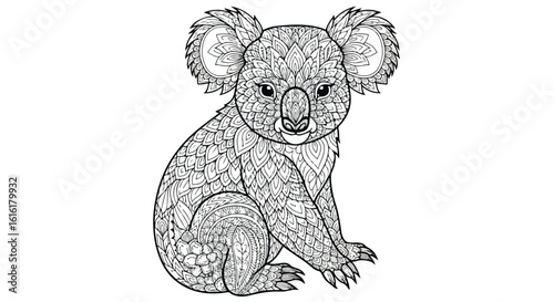 Intricate Zen Mandala Koala Bear Sitting Pose with Detailed Patterns.