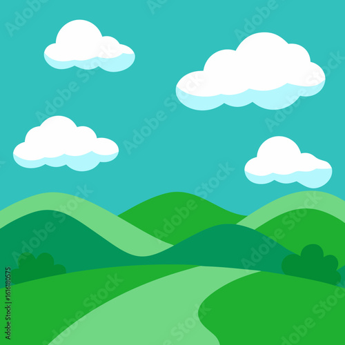 Stylized green hills and blue sky with white clouds