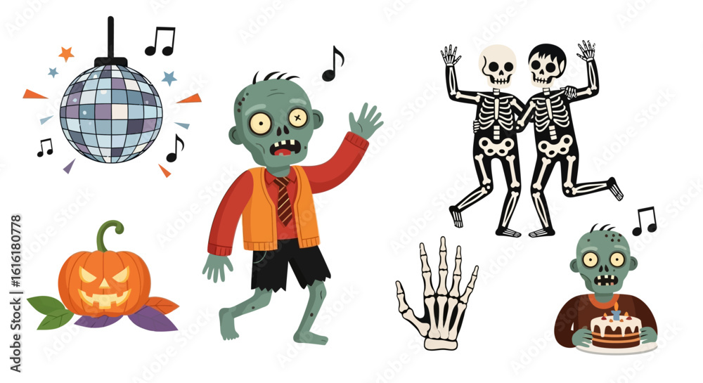 Fototapeta premium Halloween party illustration set. Includes dancing skeletons, a zombie character, pumpkin lantern, disco ball, skeleton hand, and cake. Spooky celebration concept. Vector illustration.