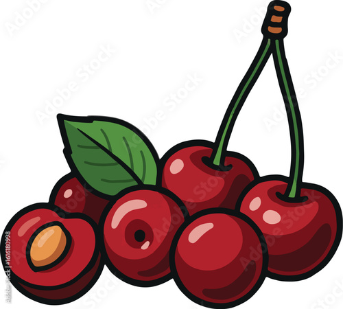 Freshly picked ripe cherries illustration with a green leaf in a vibrant cartoon style.