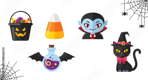 Halloween icon set. Festive designs featuring candy bucket, candy corn, vampire character, potion bottle with bat wings, and black cat with witch hat. Spooky holiday concept. Vector illustration.
