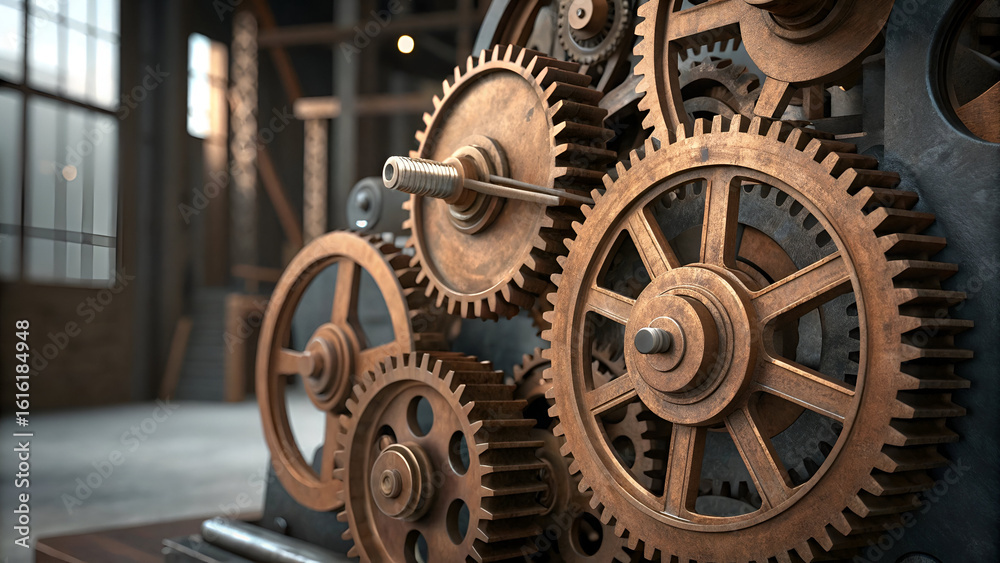 Obraz premium Close-Up View of Vintage Gears Mechanism in Industrial Setting with Soft Natural Light and Detailed Metal Textures