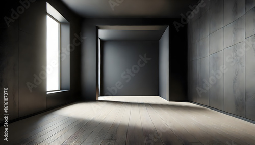 An empty room with black walls  spacious and minimalistic.