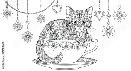 Ornate Cat in a Teacup Coloring Page Design.