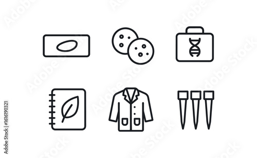 straight perfect stroke icon mono icons style isolated biologist microscope slide biologist petri dish biologist DNA etractor kit biologist field notebook biologist lab coat biologist