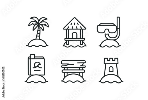 straight perfect stroke icon mono icons style isolated island umbrella island thatched island snorkeling kit island tide pool guide island driftwood bench island sstle mold