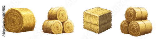 Set of isolated hay bales in various shapes and sizes  