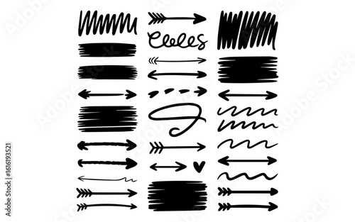 Brush sketch and scribble elements . Drawn mini sketches, various strokes, underlines and other scribbles. Sketches. Vector