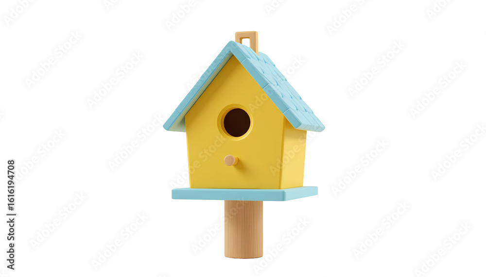 Vibrant Yellow Birdhouse with Light-Blue Tiled Roof – Stylized 3D Model Isolated on Transparent Background Vibrant Yellow Birdhouse with Light-Blue Tiled Roof – Stylized 3D Model Isolated on Transparent Background