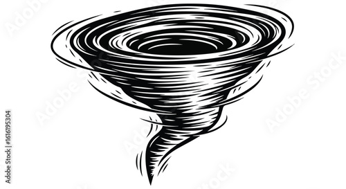 Stylized Black and White Illustration of a Powerful Tornado Swirling.