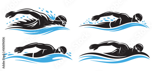 Swimmer Logo Set with Freestyle Swimming Silhouettes and Water Wave Design