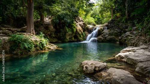 Beautiful Natural Waterfall Flowing into Clear Pool Surrounded by Lush Greenery in a Scenic Landscape