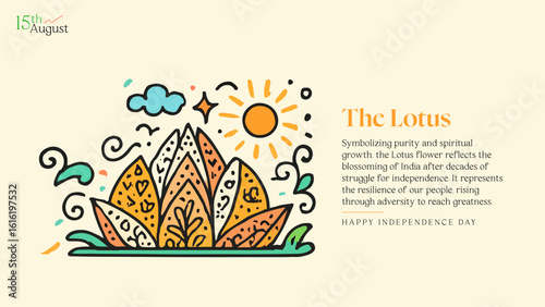 Creative 15 August Independence Day poster with colorful Indian monuments in doodle style. Celebrates heritage, unity, and culture for print, social media, and educational use