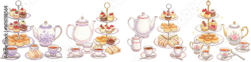 Set of isolated tea service with pastries and desserts display, British Afternoon Tea  
