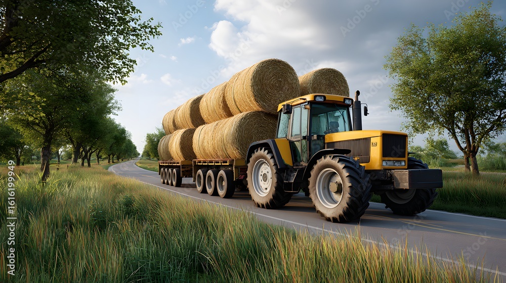 Obraz premium Tractor Transporting Hay Bales on a Country Road Surrounded by Lush Green Fields