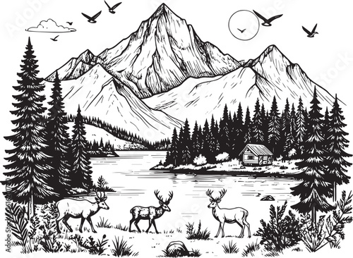 Serene Mountain Wilderness: Hand-Drawn Forest & Lake Scene