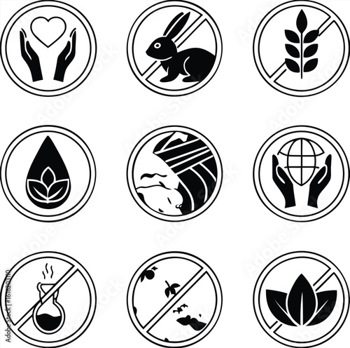 Black Icons for Natural and Organic Cosmetics. Cruelty-Free, Not Tested On Animals, Gluten Free, Paraben Free, For All Skin Types, Sustainable Development, Non Toxic, Non GMO, Organic Product
