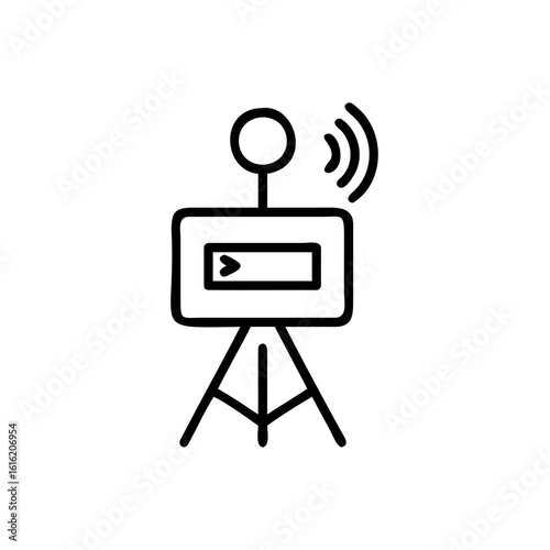 Hand drawn icon a radio transmitter on a tripod with signal waves broadcast