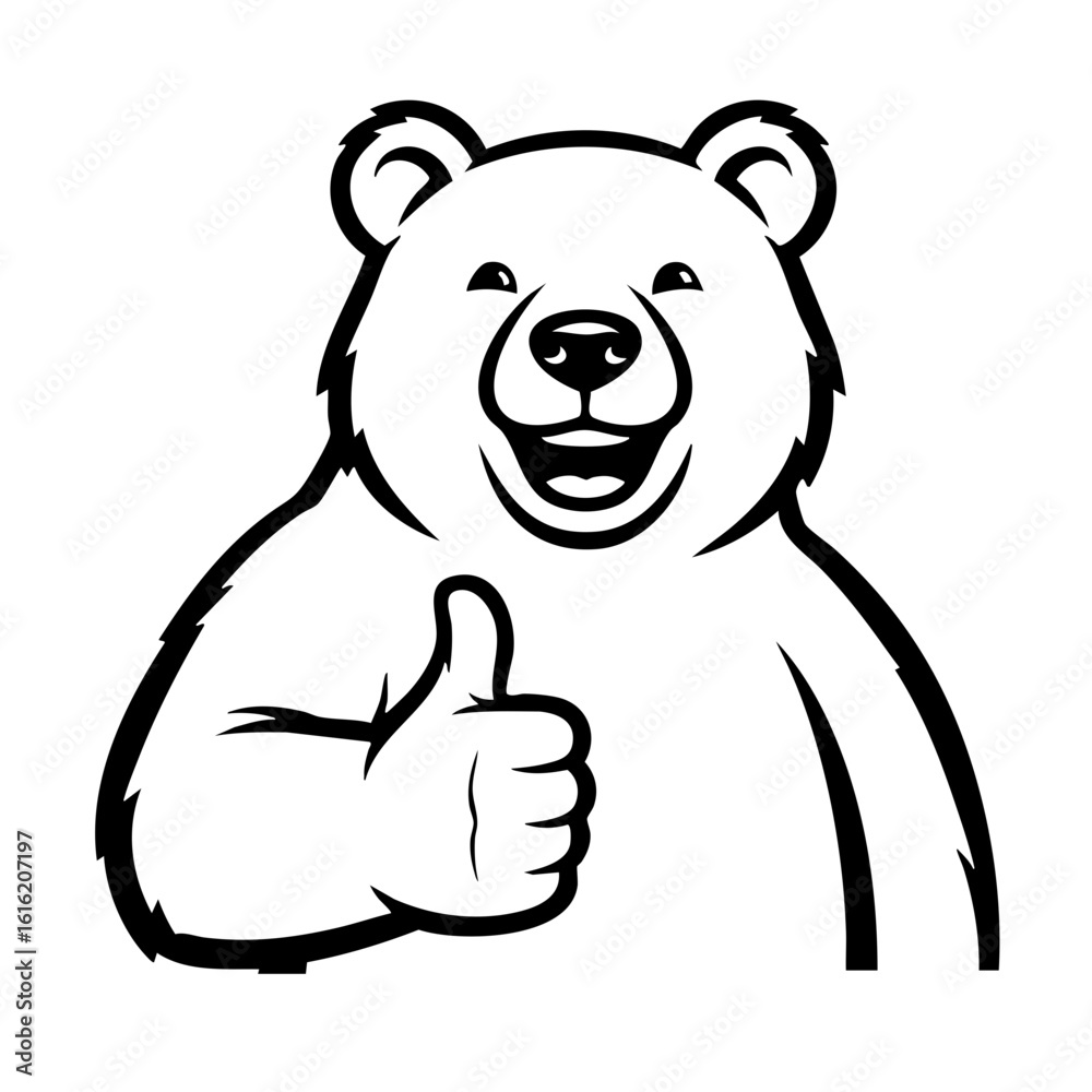 Obraz premium Bear Thumbs Up Smiling Thick Outline Vector - Black White Line Art Wildlife
