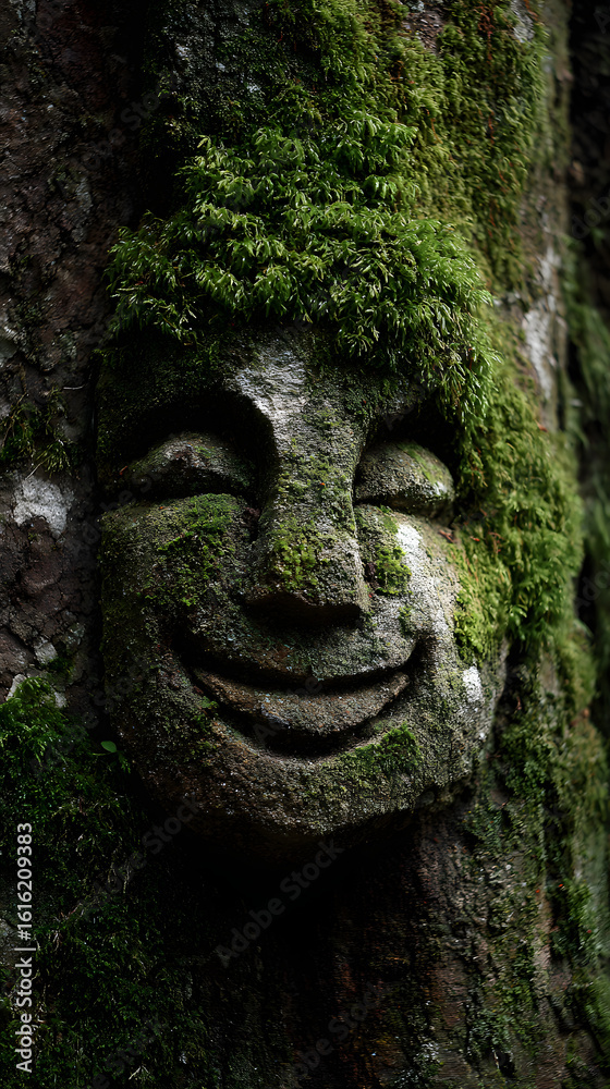Smiling Face Carved into Mossy Tree Bark Smiling Face Carved into Mossy Tree Bark