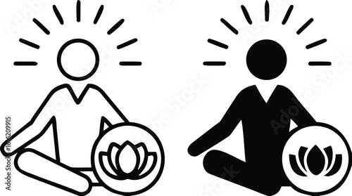 Calmness icons. Black and White Vector Icons of Meditating Man. Yoga, Relaxation Exercise. Lotus flower. Mental Health. Positive Thinking Concept
