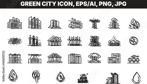 Vector illustration of green city icon set on transparent background