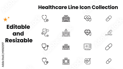 Healthcare Line Icon Collection – health, medical, doctor, hospital, care, first aid, cross, patient, icon. Outline icons collection. Simple vector illustration


