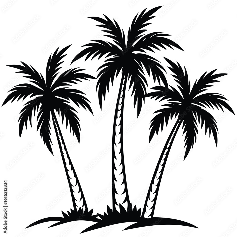 Fototapeta premium Three distinct palm trees in silhouette against a tropical island landscape isolated on white background isolated on transparent background