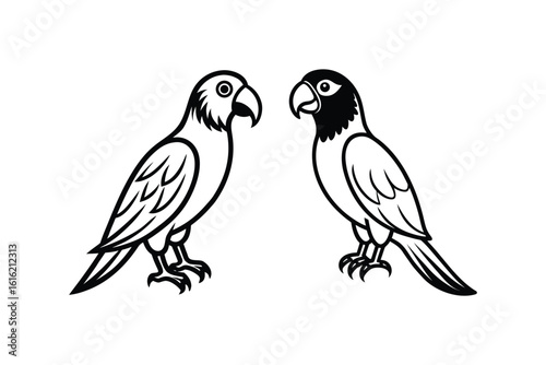 Two Parrot Birds Facing Each Other in a Stylized Black and White Illustration Featuring a Silhouette Style on a White Background silhouette
