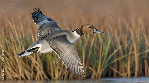 Northern Pintail, Anas acuta, male in flight over winter marshes