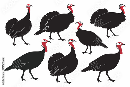 Collection of seven stylized black turkeys with red necks on white background