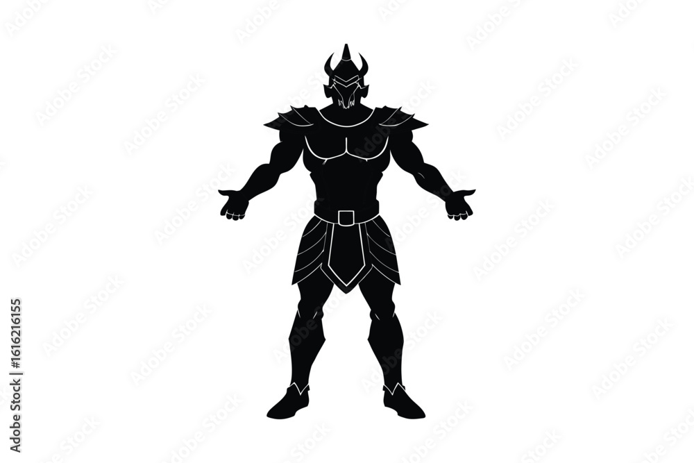 Fototapeta premium Powerful Warrior with Horned Helmet and Armor Posing with Open Arms in Silhouette