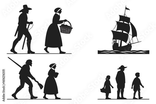 Silhouettes of pilgrims and a sailing ship on a white background