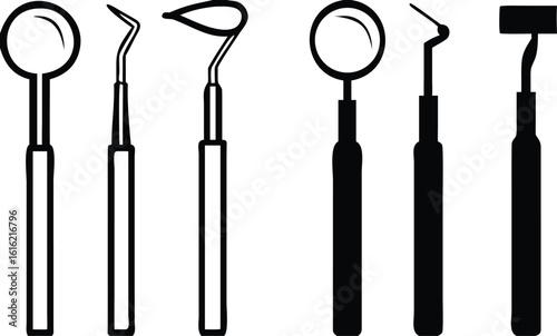 Dental Tools Icons. Black and White Vector Icons of Oral Examination Instruments. Dental care and treatment. Medicine and Dentistry Concept
