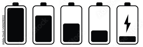 Battery icon set. Battery Full charge indicator or low charge sign. Flat design, ideal for UI, mobile apps, and energy status visuals. Battery, icon. Level battery Energy powerfully full. Eps 10. 