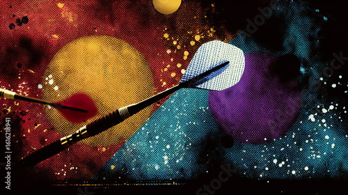 Colorful dart board with darts in a vibrant atmosphere celebrating games and competition