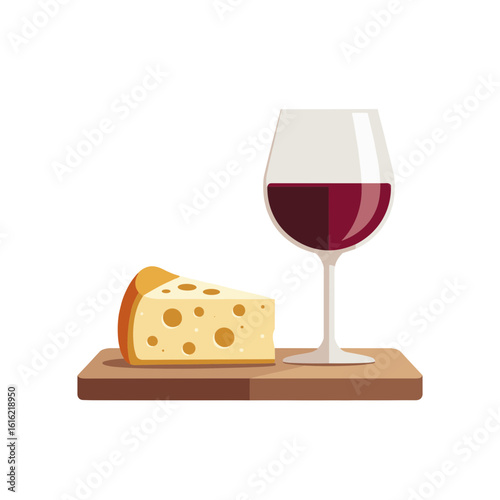 Elegant glass of red wine with a slice of cheese on a wooden board
