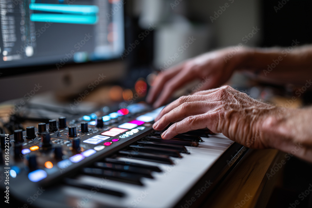 Obraz premium detail of young artist layering electronic beats with oud samples on screen, creative process, 