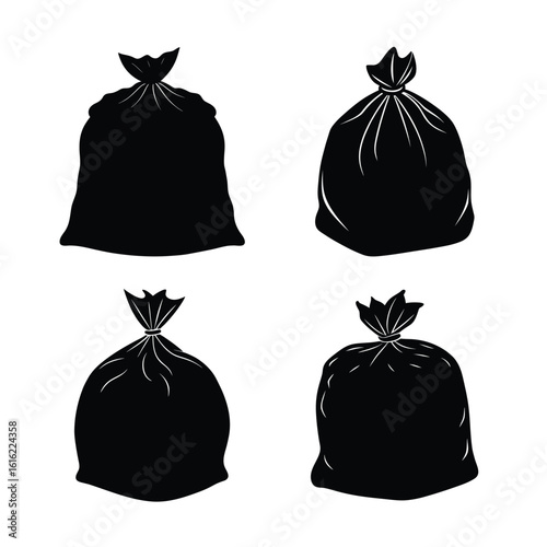 Set of Black Garbage Bag Icons – Vector Trash Bag Silhouettes Isolated on White Background