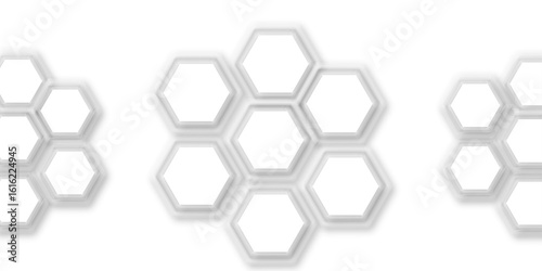 An abstract arrangement of interconnected hexagonal shapes in subtle white and light gray, with soft shadows, creating a minimalist and modern honeycomb-like pattern on a clean white background.