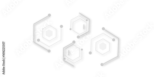 A minimalist abstract design featuring light gray hexagonal shapes interconnected by lines and dots, casting soft shadows on a white background,creating a clean,futuristic,