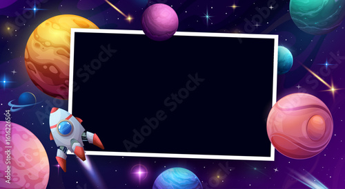 Galaxy space birthday photo frame. Cartoon kids space background with rocket, planets and stars. Vector border with cosmos and flying shuttle in purple starry sky. Template with starship in Universe