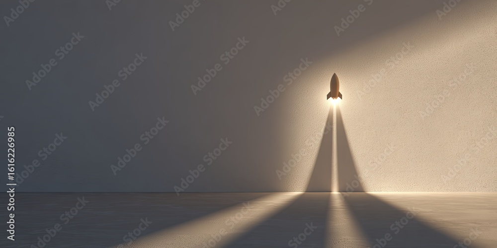 Obraz premium Rocket on Wall Casting Liftoff Shadows in Minimalist Room