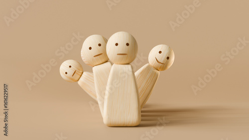 Creative concept of individuality, hierarchy and inspirational leadership, smiling wooden figure stands out from the crowd, uniqueness, 3d render