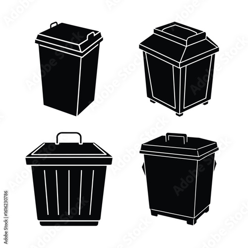 Trash Bin Silhouette Icons Set, Black Garbage Can Vector Illustration Isolated on White Background