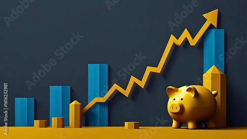 Golden Piggy Bank on Growth Chart: Financial Success Concept with Upward Trending Yellow Arrow and Blue Bar Graph on Dark Grey Background - Investment, Savings, and Prosperity