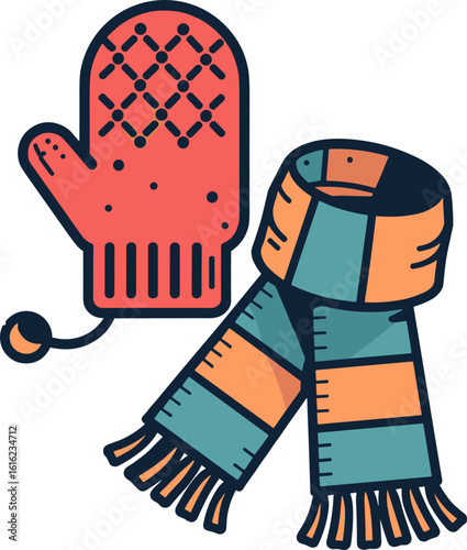 Colorful knitted mittens and scarf laid out in a cozy winter style
