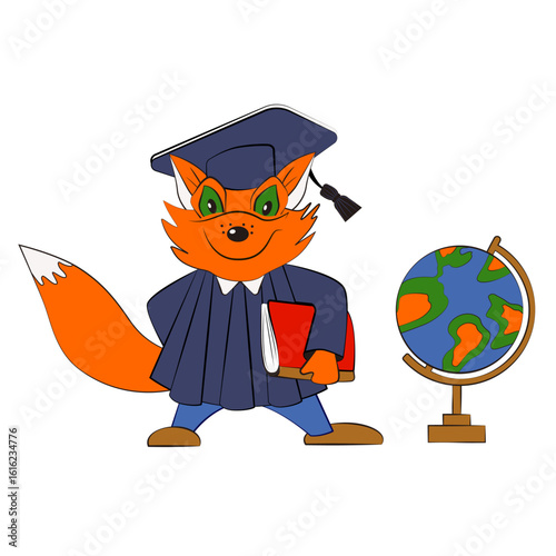 Cute cartoon fox wearing graduation cap and gown, proudly holding a book or notebook. School globe. Symbol of success, achievement and education. Flat vector illustration on white background.