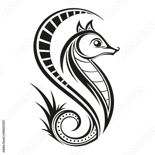 Black and white tribal seahorse tattoo design isolated on white background marine animal illustration vector art