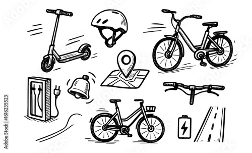 Hand drawn urban transportation icons featuring bicycles, scooters, helmets, and charging stations